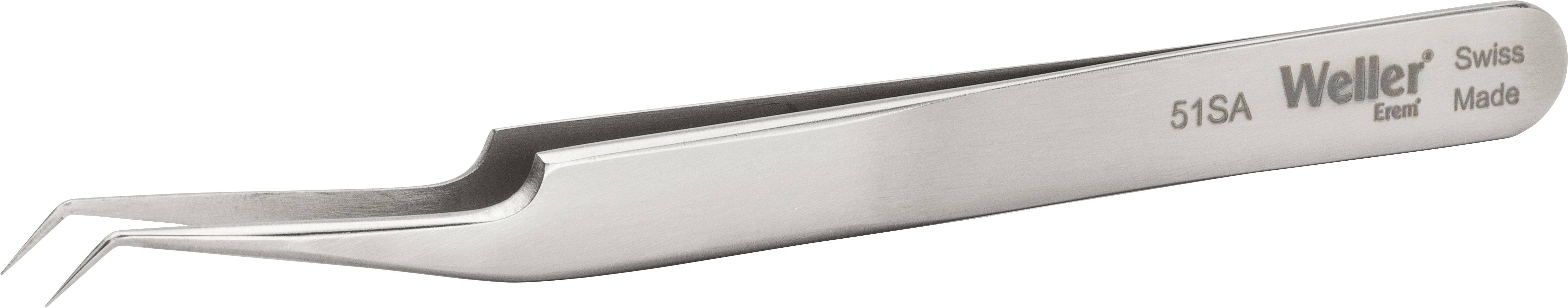 Pinzeta z nehrdzavejúcej ocele značky 'Weller', model '51SA', vyrobená vo Švajčiarsku, s ohnutým hrotom, vhodná pre precízne práce.