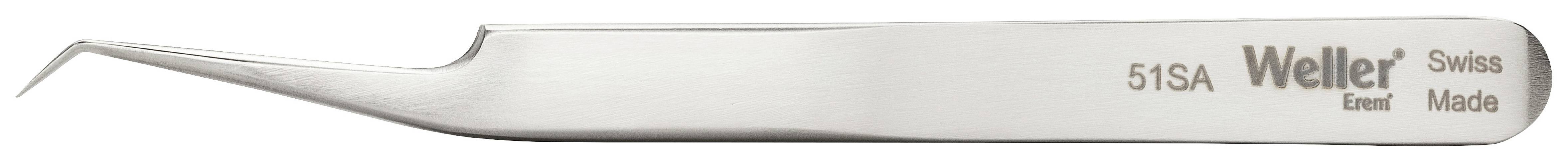 Pinzeta s ohnutým koncom, označená nápisom 'Weller Expert Swiss Made 51SA', ukazuje na presný nástroj pre jemné práce.