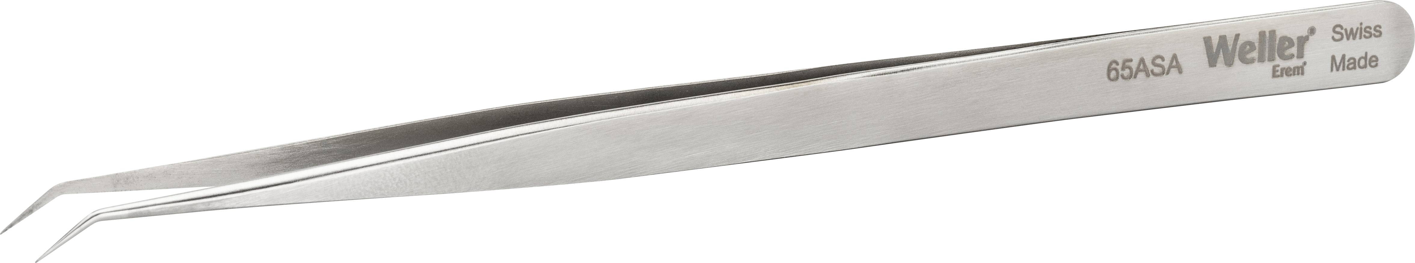 Zakrivená kovová pinzeta s nápisom 'Weller Erem 65ASA Swiss Made', vhodná na presné práce.