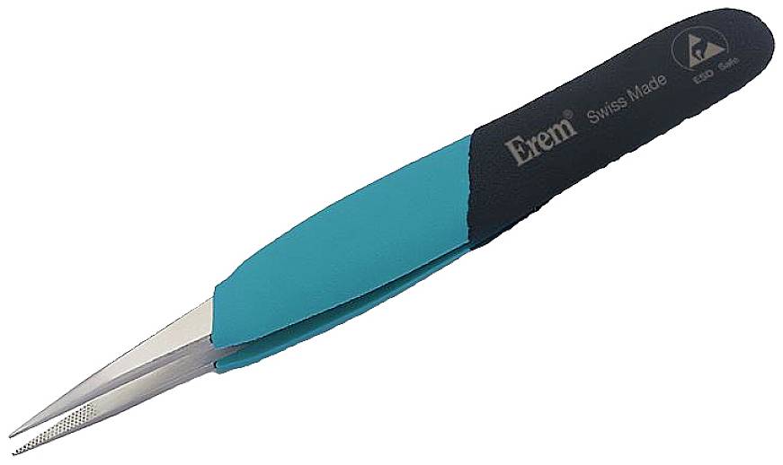 Pinzeta s jemným hrotom a gumovou rukoväťou, označená nápisom 'Erem Swiss Made'. Vhodná pre presné práce.