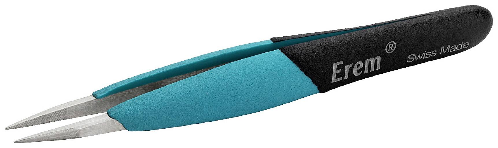 Pinzeta s modrou a čiernou gumovou úpravou, označená nápisom 'Erem Swiss Made'. Je presná a ergonomicky tvarovaná.