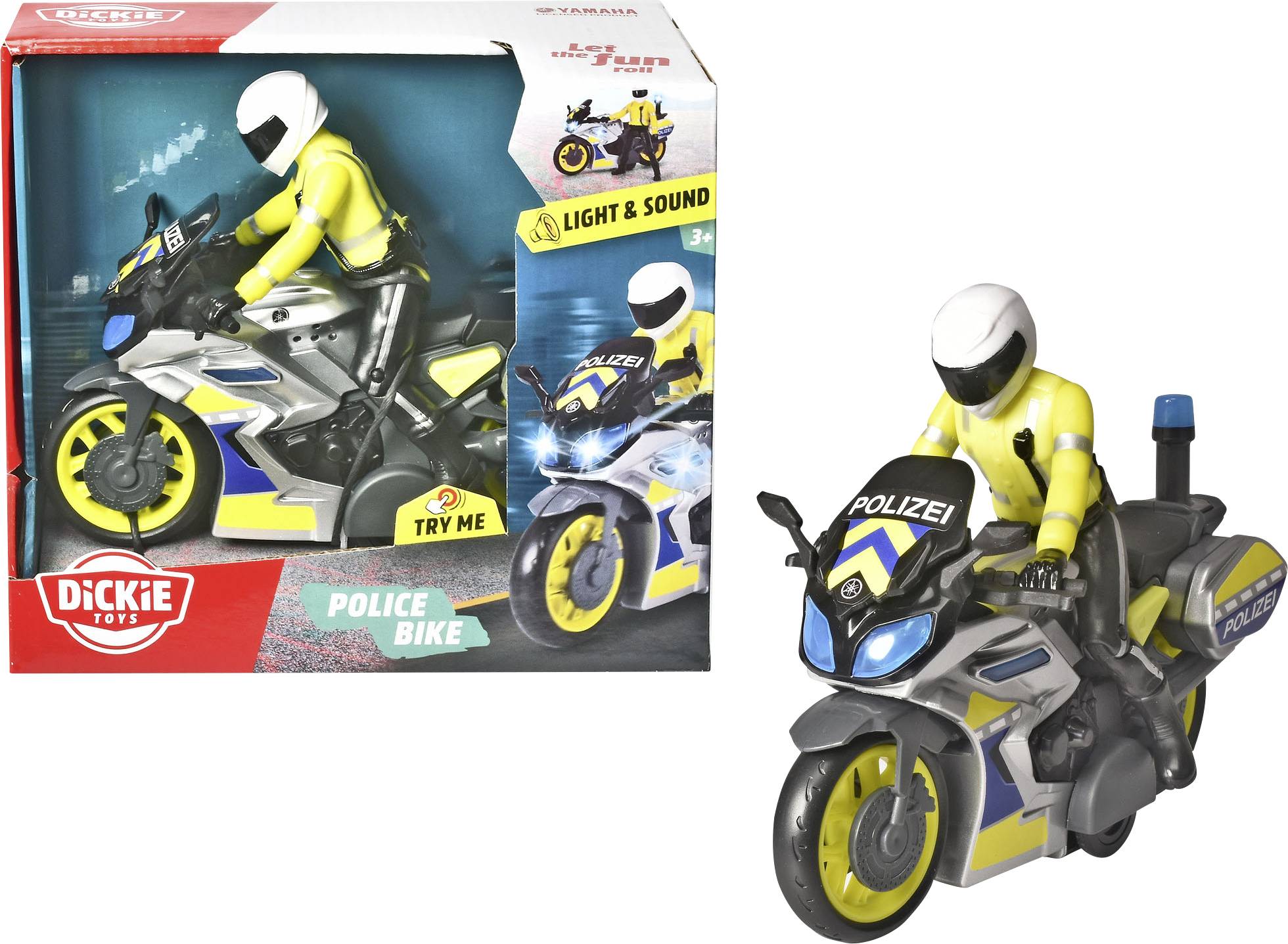 Hračkárska policajná motorka v originálnom balení, s figúrkou v žltej uniforme a s prilbou. Nápis 'Polícia' na motorke.