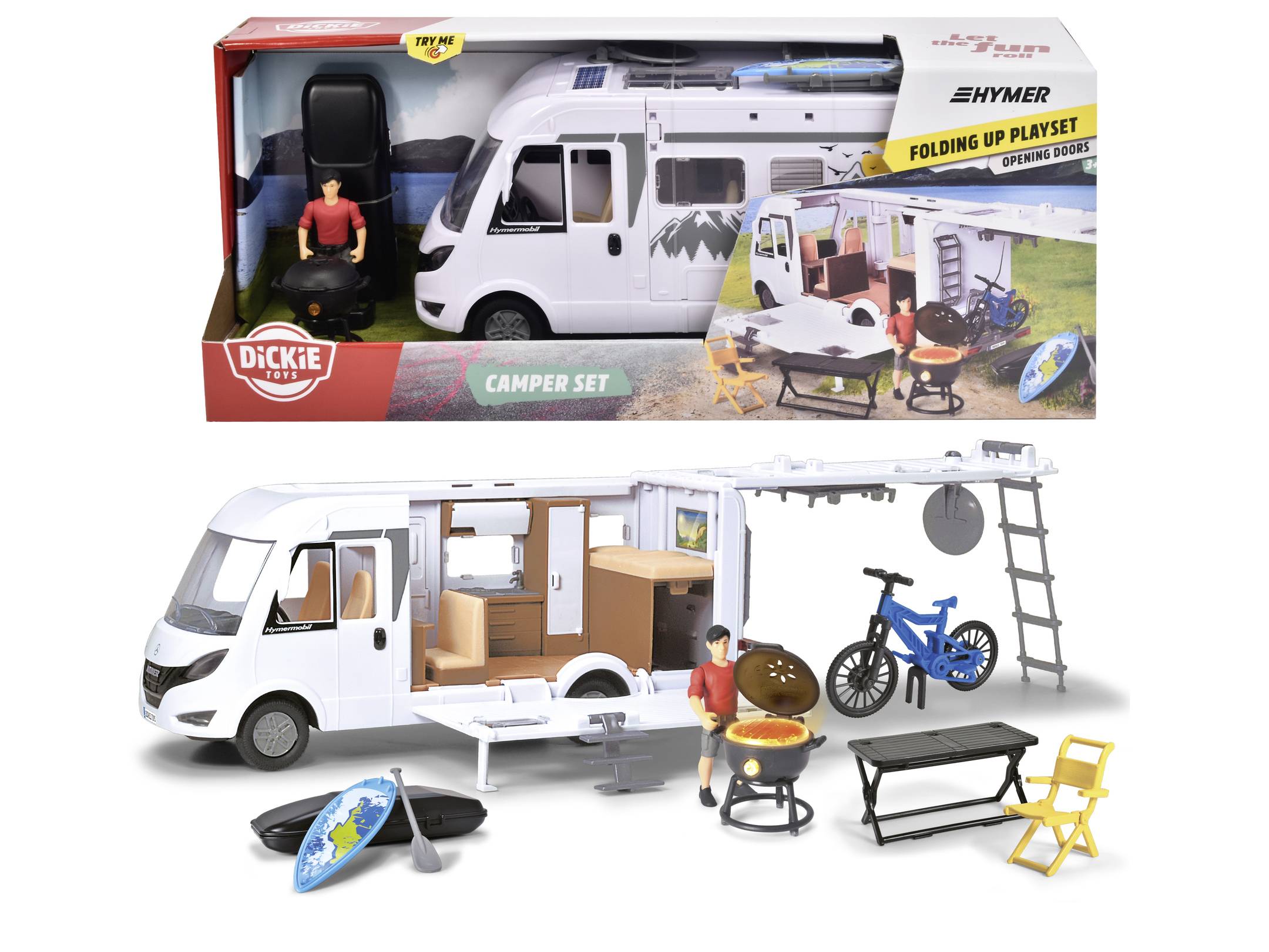 Hračkárska sada kemper s obytným autom, figúrkou, bicyklom, grilom, piknikovým stolom a príslušenstvom. Na pozadí obalu je znázornená celá sada.