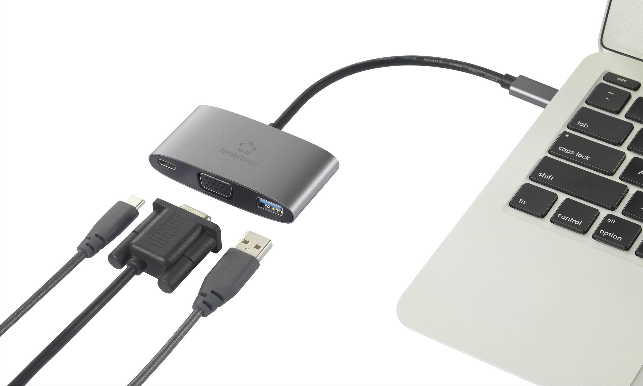 Laptop s pripojeným USB rozbočovačom, ktorý má HDMI, VGA a USB porty. Tri káble sú pripojené k rozbočovaču.