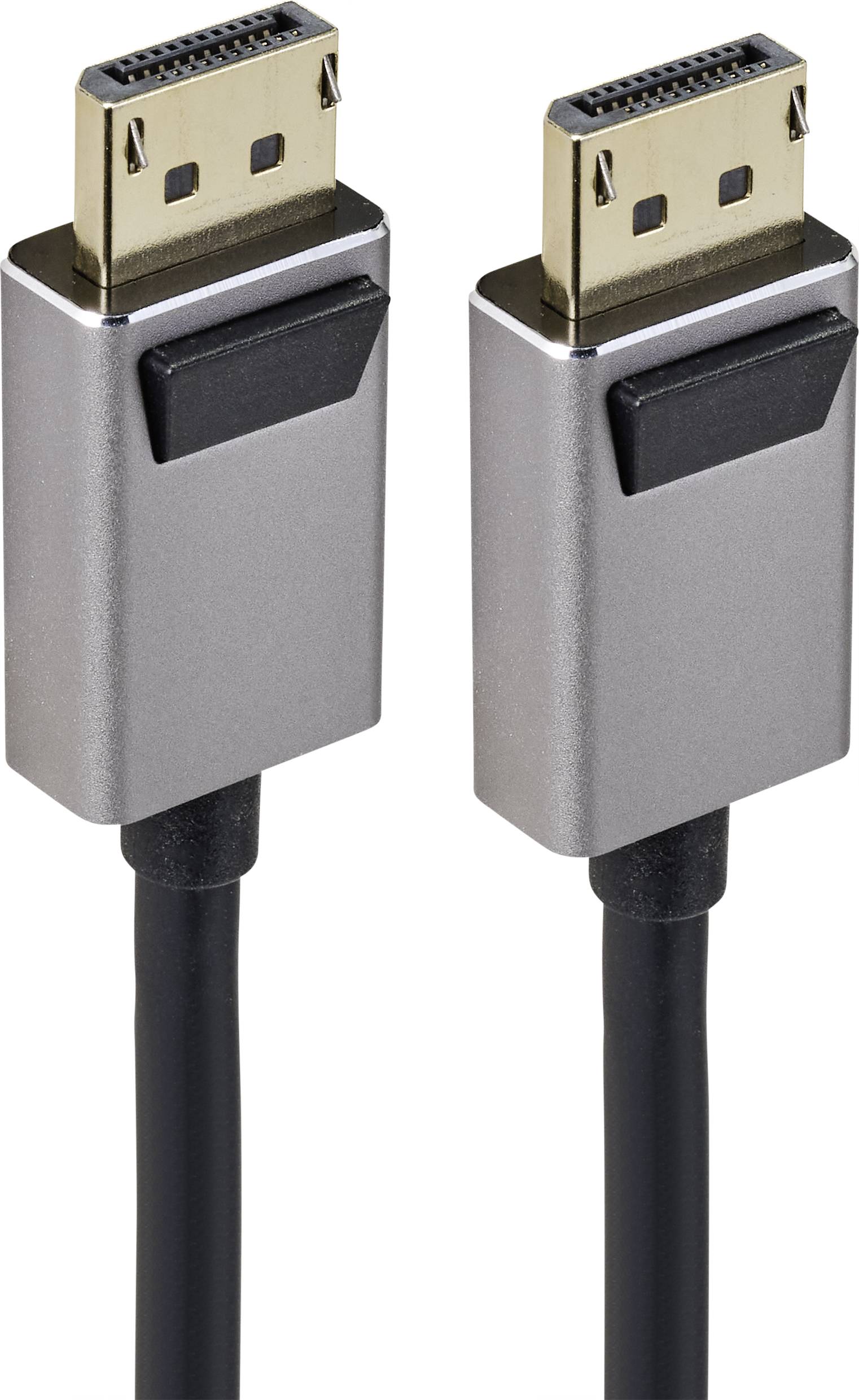 Dva DisplayPort konektory s čiernym káblom. Konektory sú strieborné s čiernym tlačidlom. Používané na prenos videa a audia.