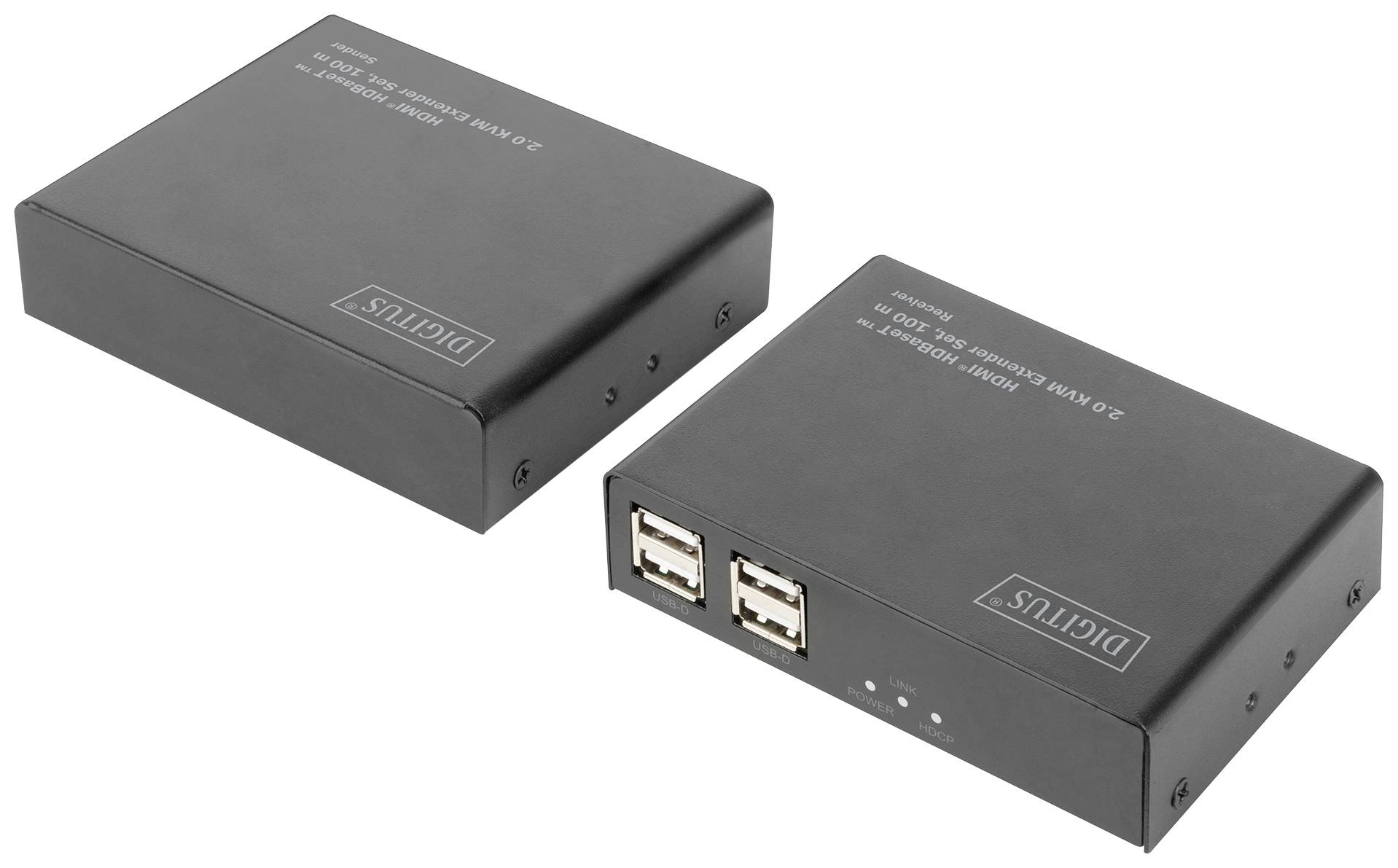Dva čierne HDMI vysielače od spoločnosti Digitus s USB portami, ktoré sa používajú na bezdrôtový prenos obrazových signálov.