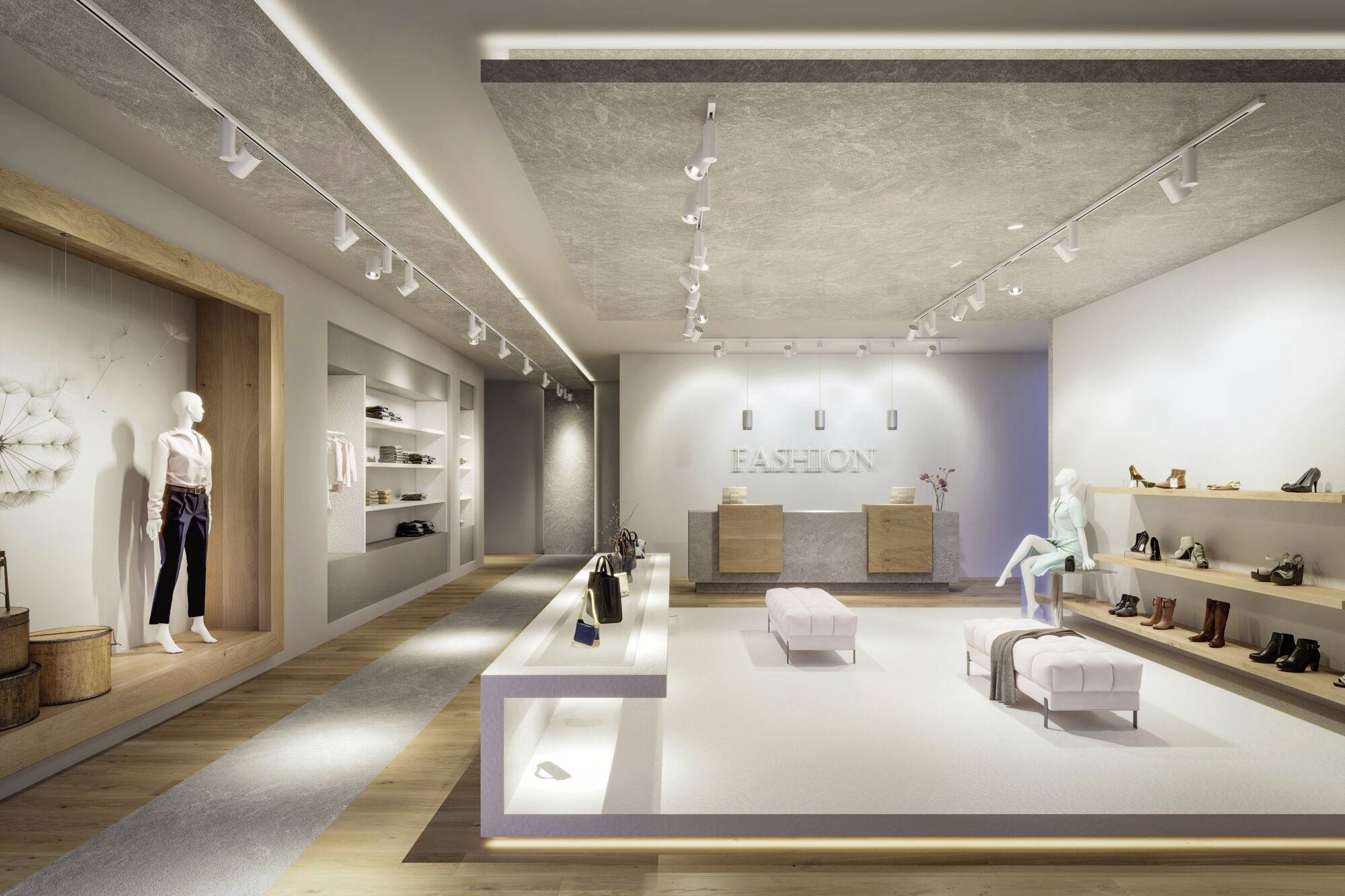 Elegantný módny obchod s moderným interiérom. Vľavo sú police s oblečením a doplnkami, vpravo topánky na policiach.