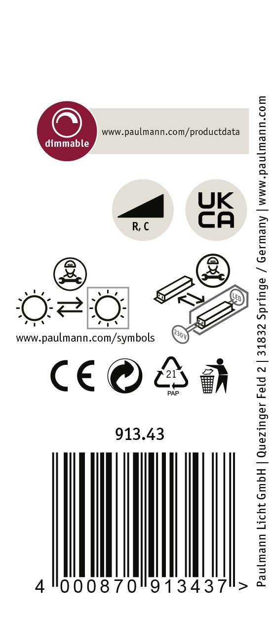 Štítok stmievateľnej lampy Paulmann s UKCA značkou, piktogramami pre inštaláciu a čiarovým kódom dole.