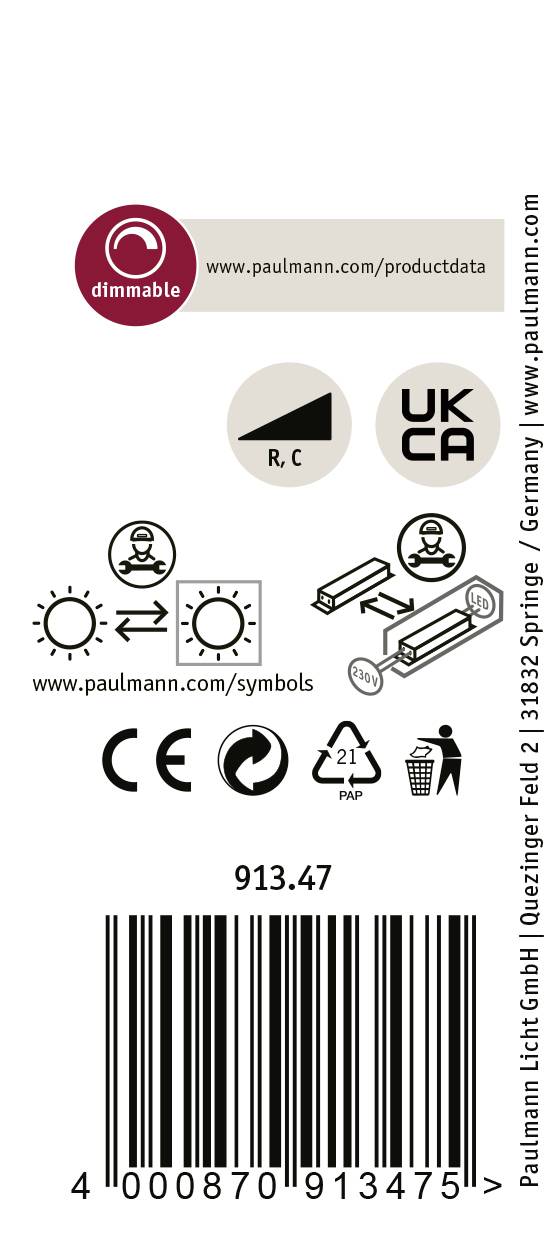 Etiketa stmievateľnej žiarovky Paulmann s UKCA a CE označením, návodom na použitie, čiarovým kódom a informáciami o výrobcovi.