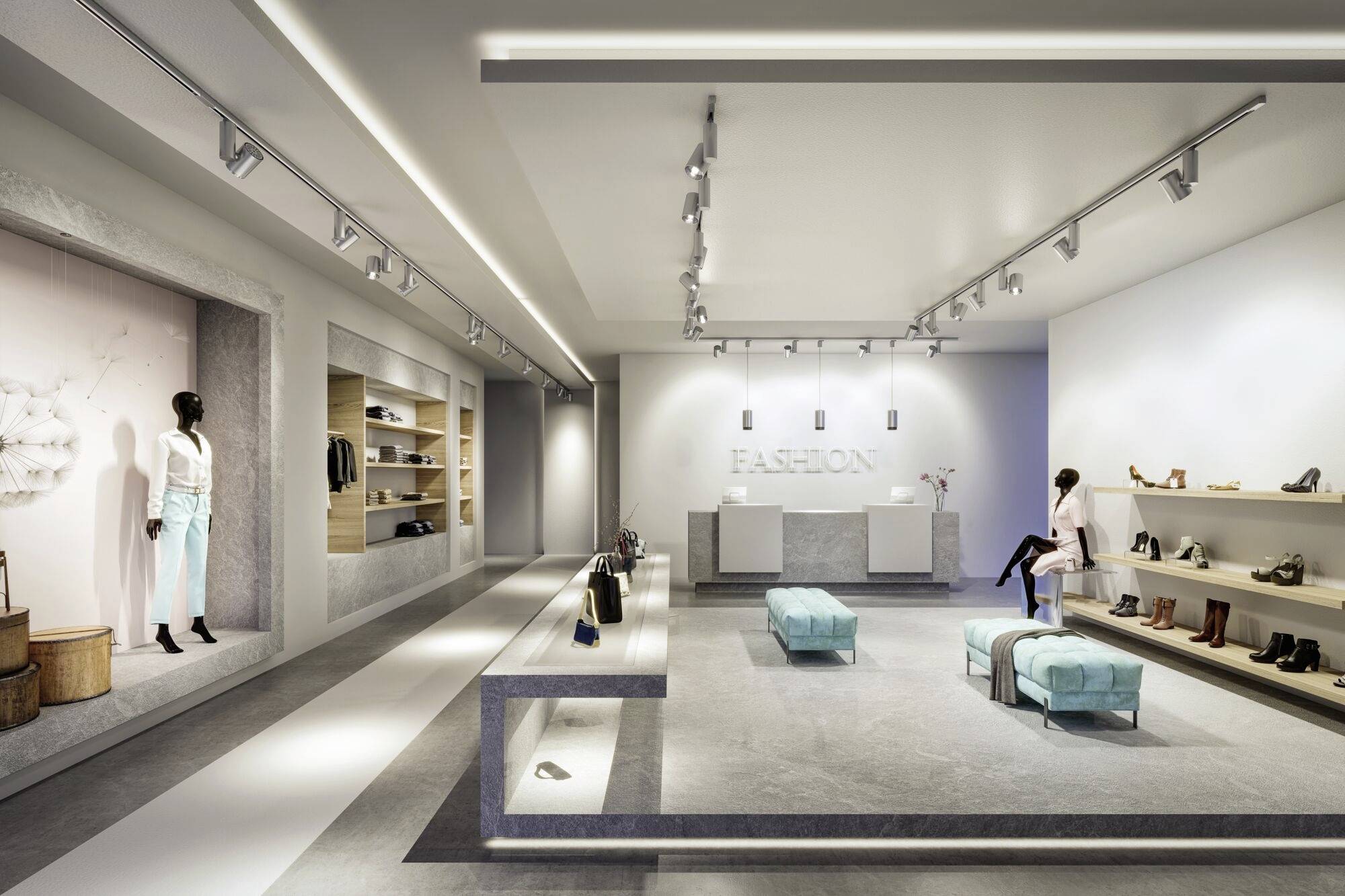 Moderný obchod s políčkami, na ktorých sú vystavené topánky a tašky. Výkladová figura vľavo, dve tyrkysové lavičky v strede.