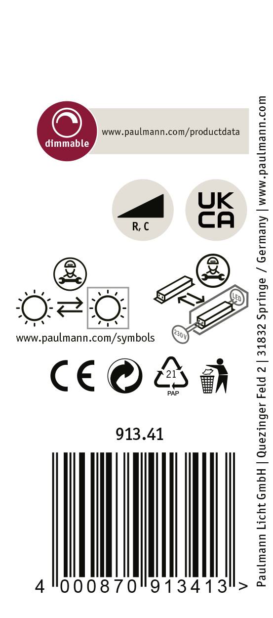 Štítok stmievateľnej lampy s označením UKCA, inštalačnými piktogramami a čiarovým kódom. Výrobca: Paulmann. Číslo modelu: 913.41.