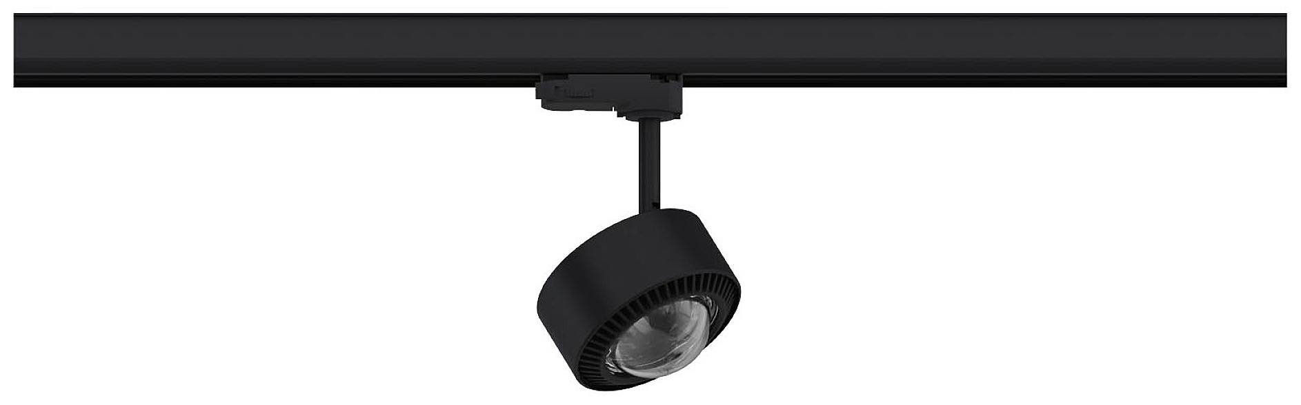 Čierny stropný reflektor s moderným valcovitým dizajnom je pripevnený na koľajnici a je pripravený osvetliť priestor.