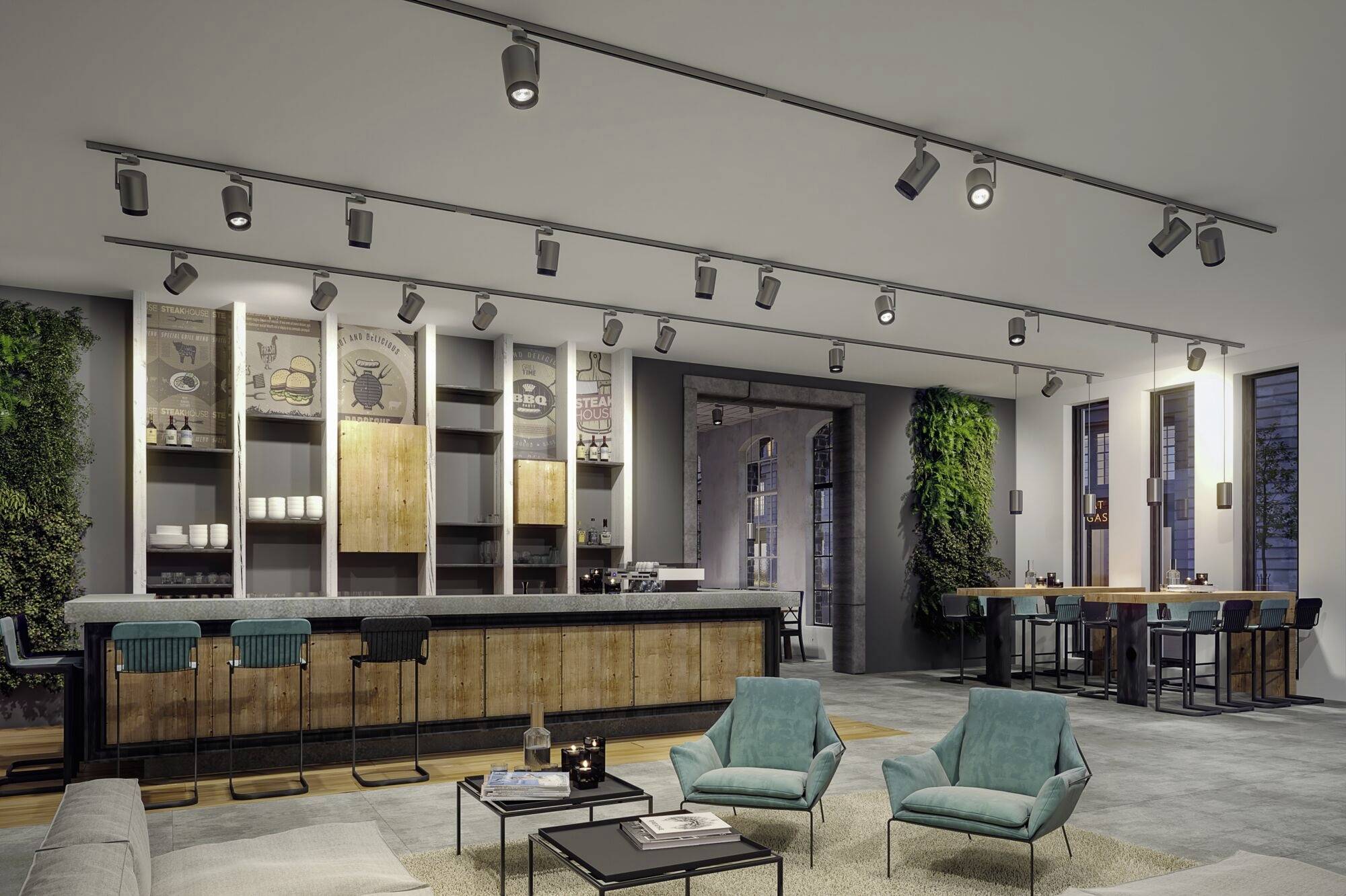 Moderný café-lounge priestor s barovým pultom, barový stoličkami, sedacou súpravou a rastlinami na stenách, osvetlený stropnými reflektormi.