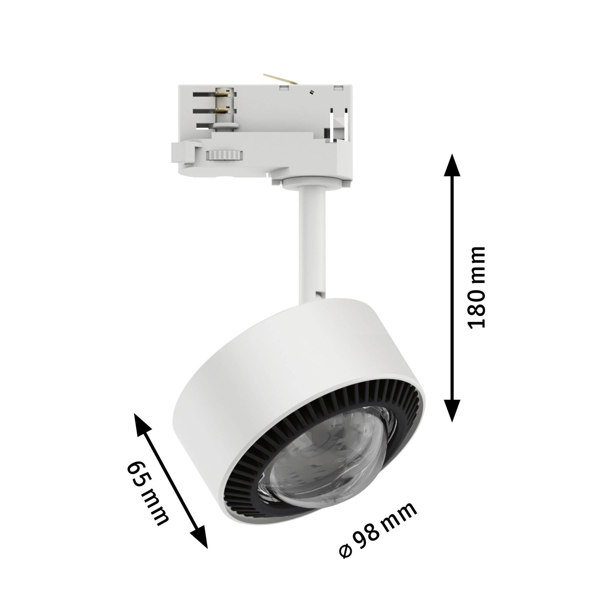 LED bodové svietidlo v bielej farbe s rozmermi: šírka 65 mm, hĺbka 98 mm, výška 180 mm. Vhodné na montáž na koľajnicu.