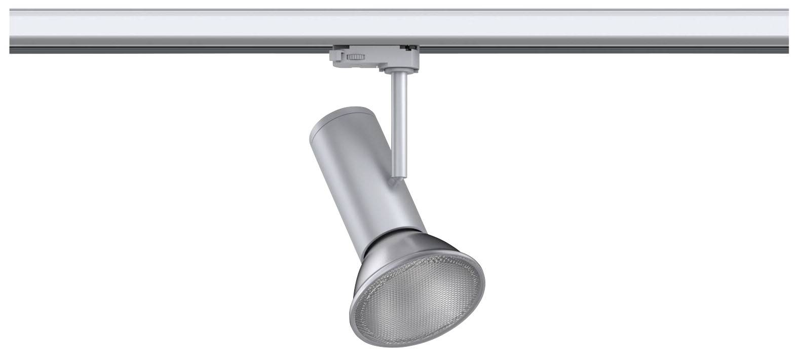 Strieborný stropný reflektor zavesený na koľajnici, vhodný na cielenú priestorovú illumináciu v moderných interiéroch.
