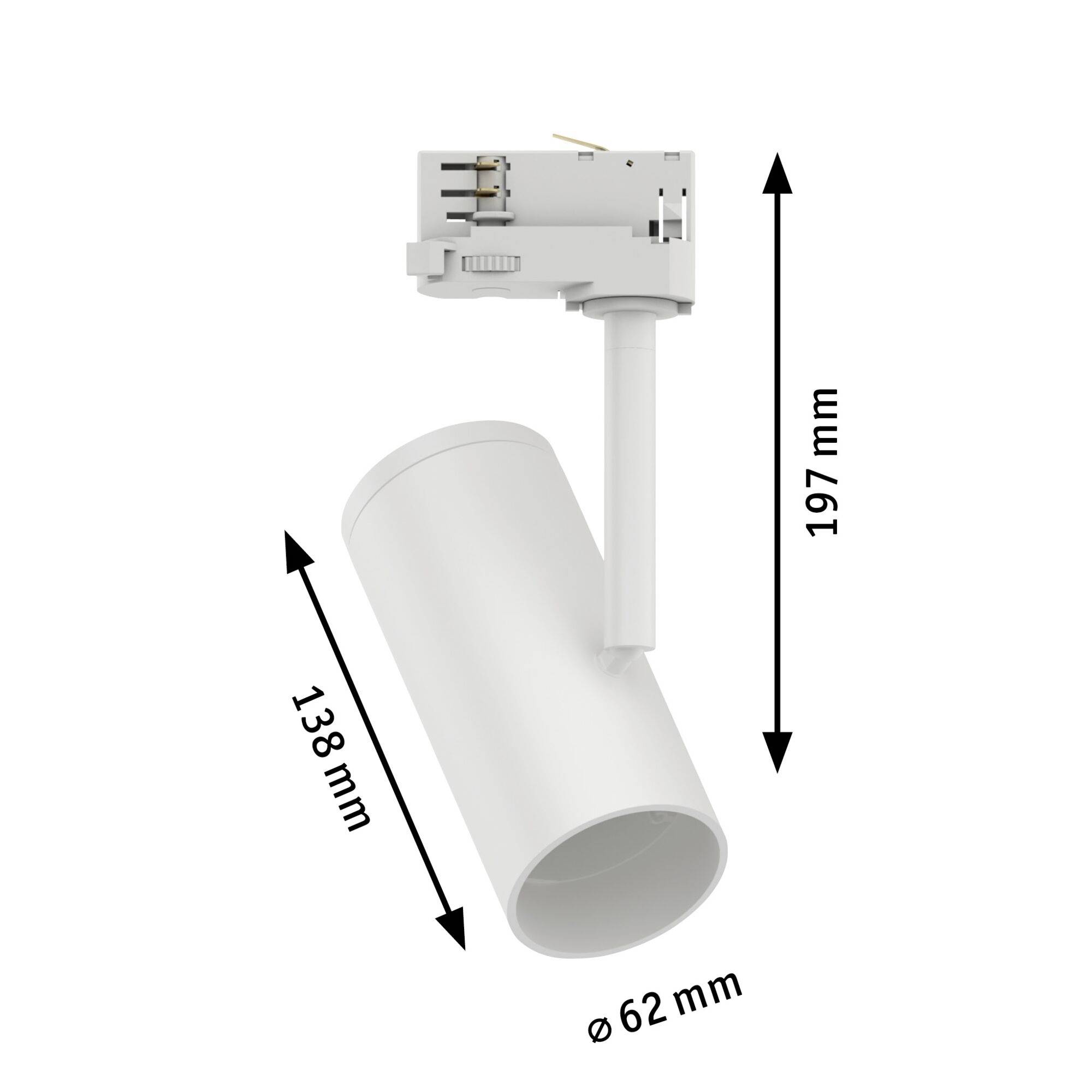 Cylindrické LED downlight so sklopným ramenom, celková dĺžka 197 mm, priemer hlavy 62 mm, rozsah sklonu 138 mm.