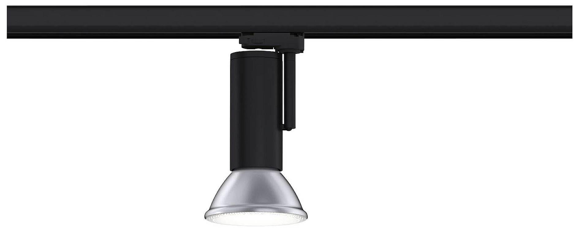Čierna koľajnicová lampa so strieborným tienidlom visí na namontovanej koľajnici, pripravená na osvetlenie.