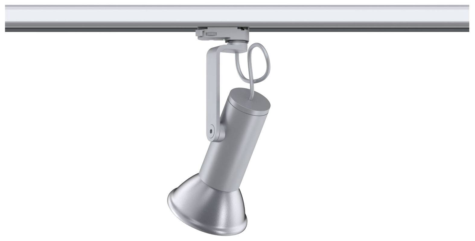 Jeden strieborný reflektor je namontovaný na koľajnici. Reflektor je naklopený smerom nadol a pripravený osvetliť určitý priestor.