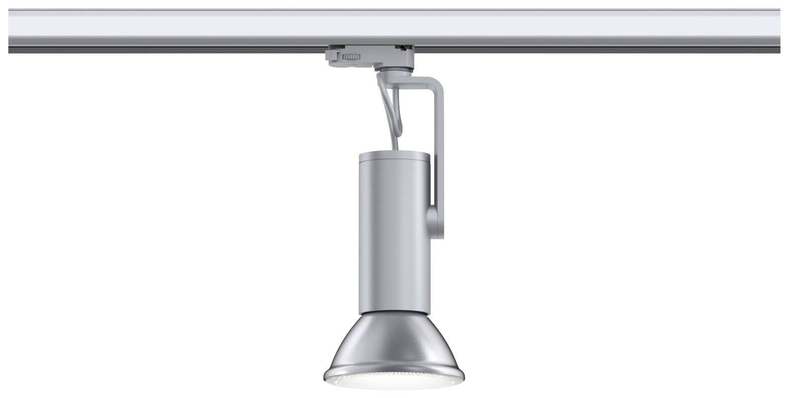 Strieborná stropná lampa namontovaná na koľajnici; moderný dizajn pre smerované osvetlenie.