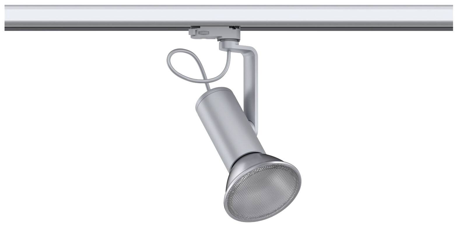 Strieborný koľajnicový reflektor s nastaviteľnou hlavou v koľajnicovom systéme, vhodný pre cielené osvetlenie.