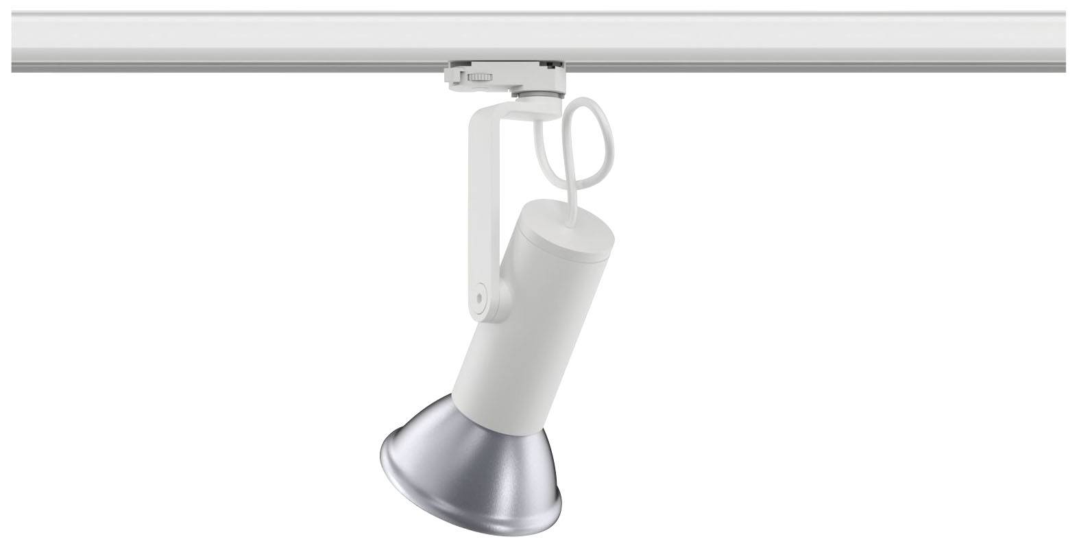 Biela, moderná koľajnicová lampa s nastaviteľným reflektorom je pripevnená na kovovej koľajnici.