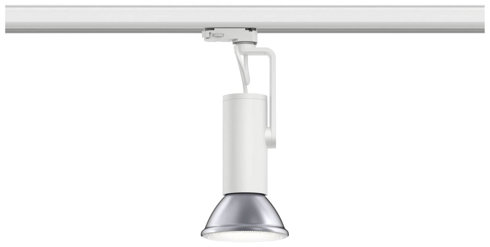 LED bodový reflektor upevnený na lište, smerujúci nadol v minimalistickom priestore.