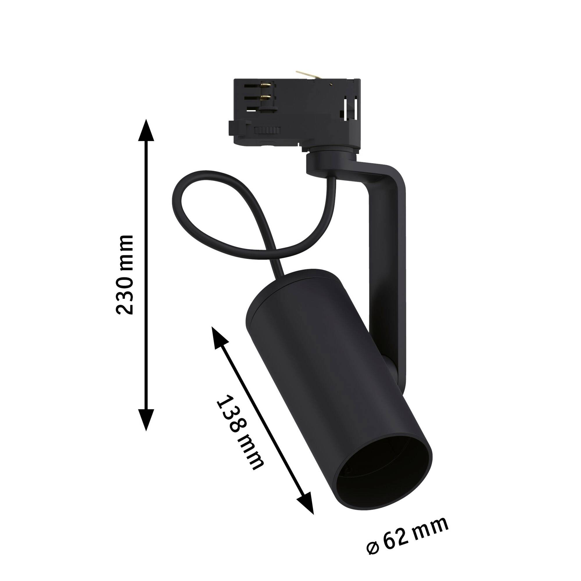 Čierny stropný reflektor s rozmermi: výška 230 mm, hĺbka 138 mm a priemer 62 mm.