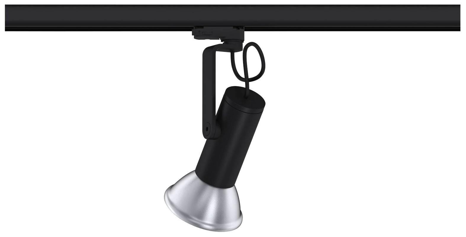 Čierny stropný reflektor so strieborným tienidlom visí na koľajnici, pripravený na osvetlenie.