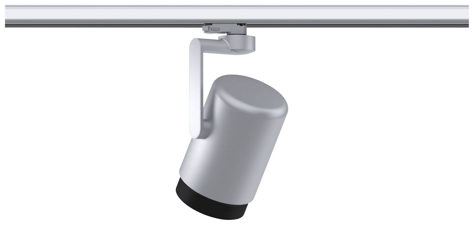 Strieborný LED lištový reflektor valcovitého tvaru, namontovaný na stropnej lište, určený na smerové osvetlenie.