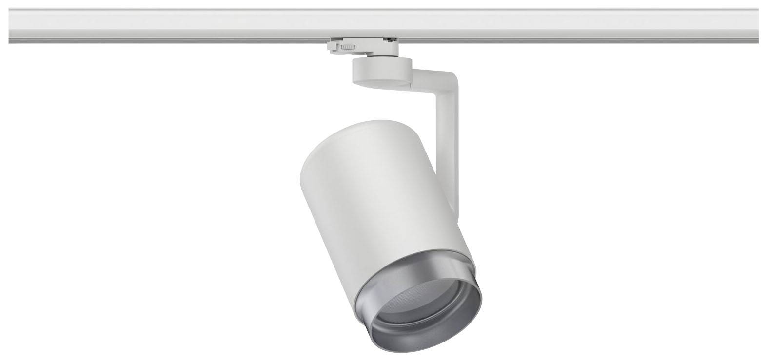 Biely reflektor je namontovaný na koľajnici a smeruje smerom nadol.