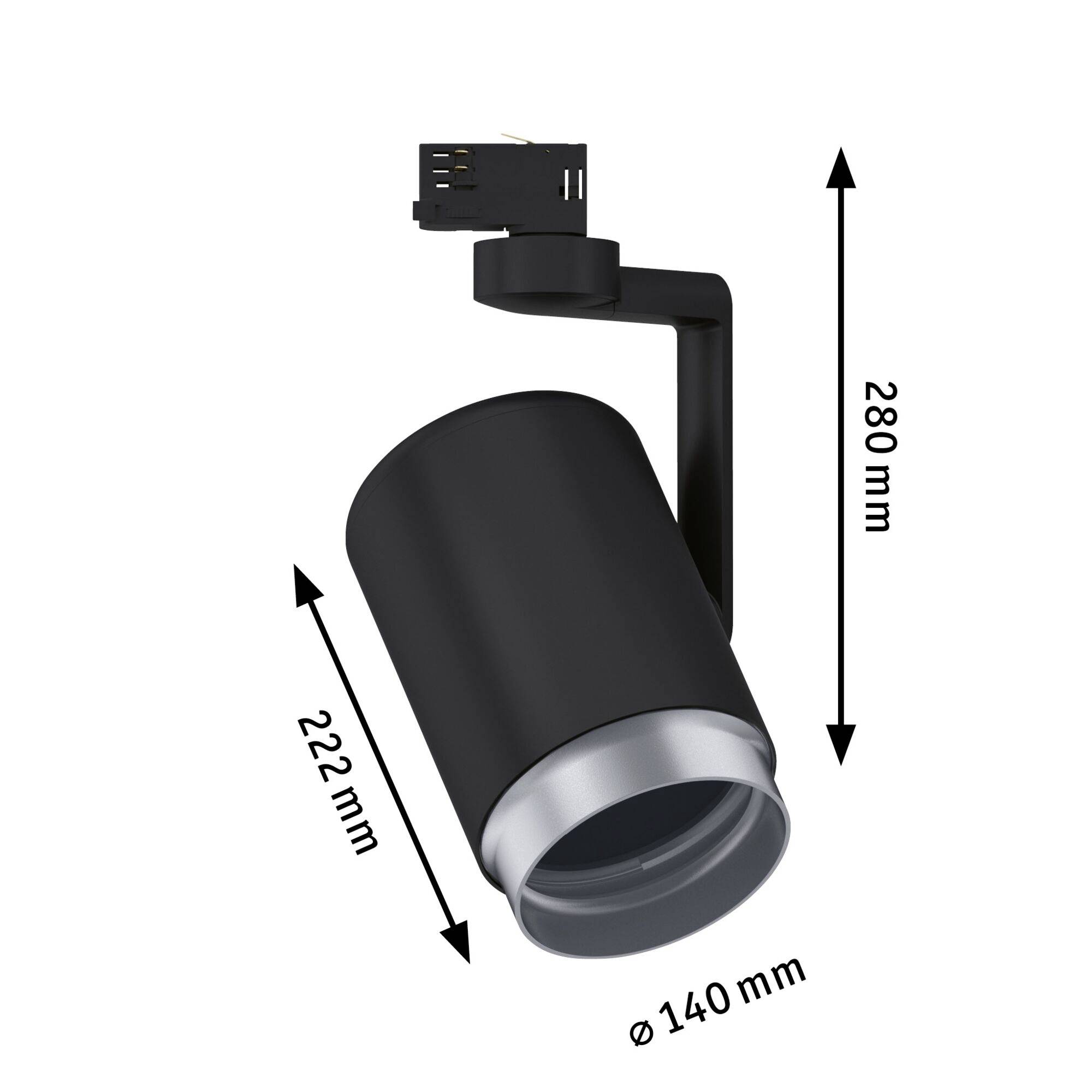 Čierny žiarič s rozmermi 222 mm dĺžka, 280 mm výška a 140 mm priemer. Vhodný na montáž na koľajnice.