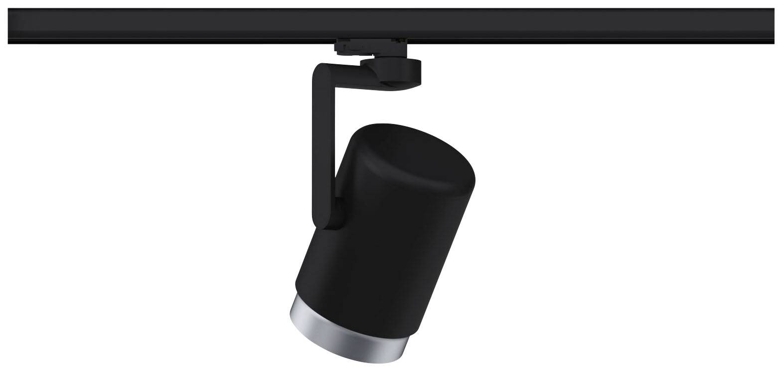 Čierny LED reflektor je namontovaný na stropnej lište. Reflektor sa dá otáčať a nakláňať, aby smeroval svetlo rôznymi smermi.