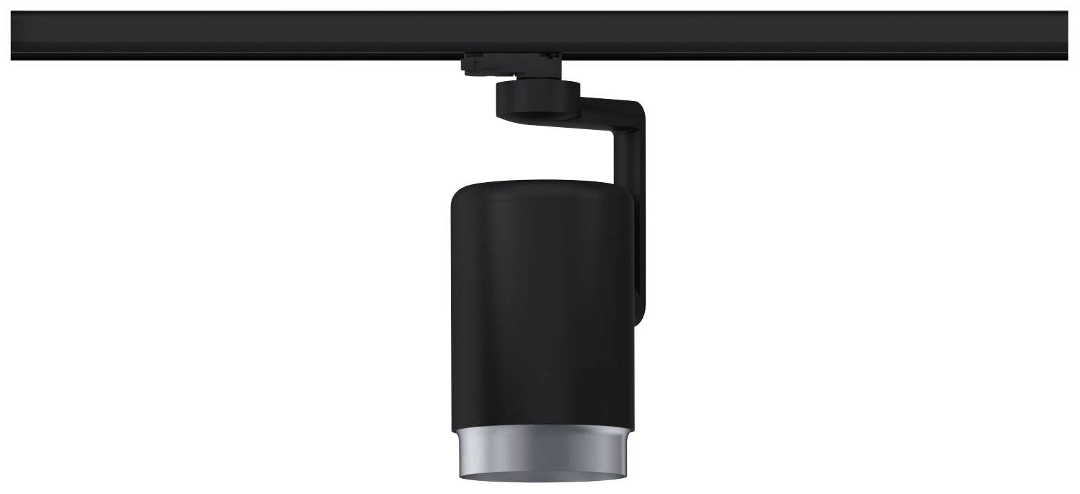 Čierny, valcovitý stropný reflektor pripevnený na lište, vhodný na flexibilné osvetlenie v moderných interiéroch.