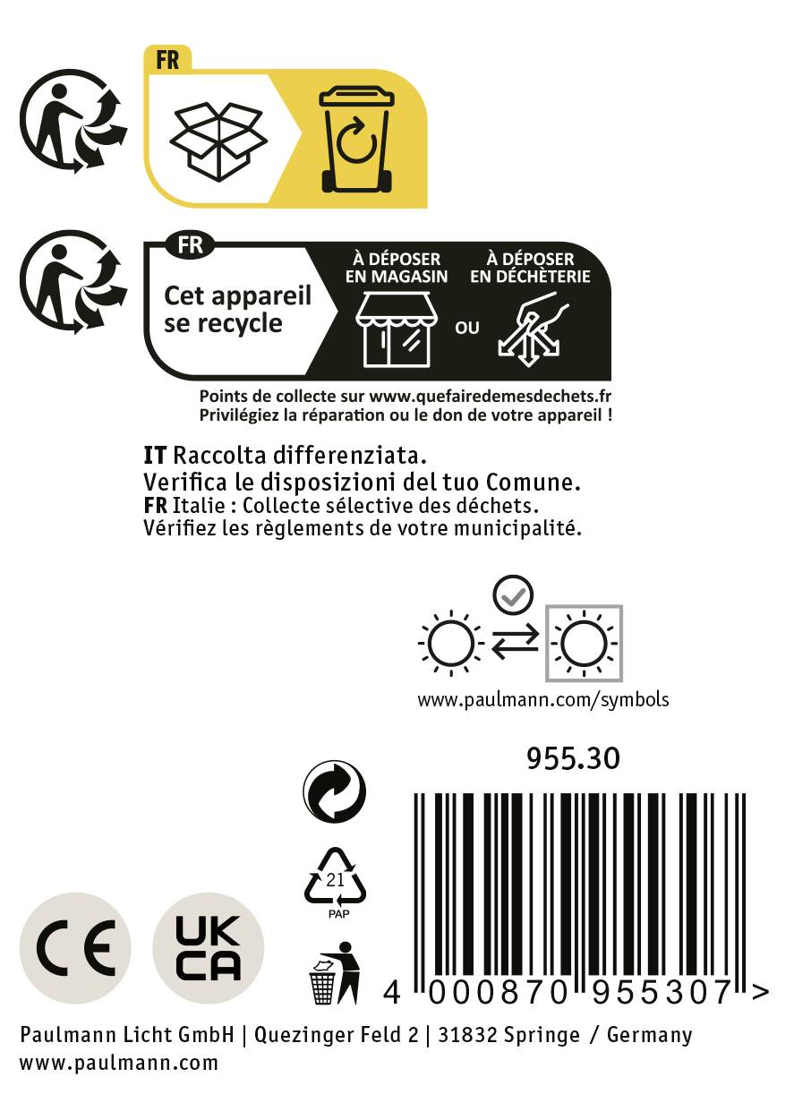 'Recyklovateľné zariadenie. SK: Prosím, likvidujte v predajniach alebo zberných dvoroch. Dôležité symboly: Smetná nádoba, slnko, CE-značenie.'