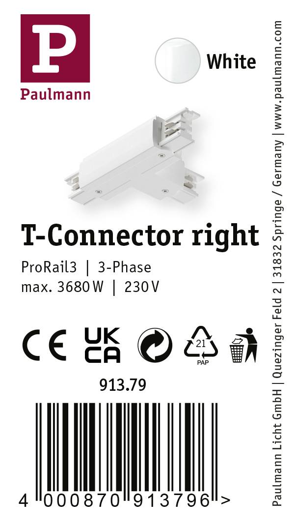 T-konektor vpravo od firmy Paulmann, biely, ProRail3, 3-fázový, max. 3680 W, 230 V. S označením CE a UKCA, čiarový kód dole.