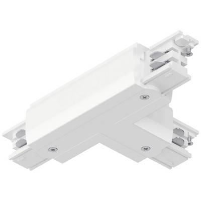 Križový spojovací prvok pre 3-fázový systém elektrických zberníc v bielej farbe, umožňujúci flexibilné prepojenie zberníc v rôznych smeroch.
