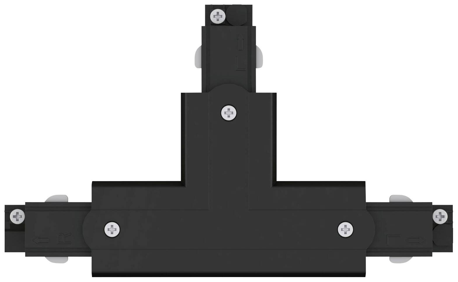 Čiernený L-tvarový spojovacie prvok s viacerými skrutkami, pravdepodobne určený na použitie v elektrickom koľajnicovom systéme.