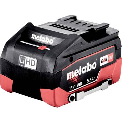 Akumulátor Metabo, 18 V LiHD, 5,5 Ah, čierny a červený, s kompatibilitou CAS a logom technológie LiHD, pohľad z boku.