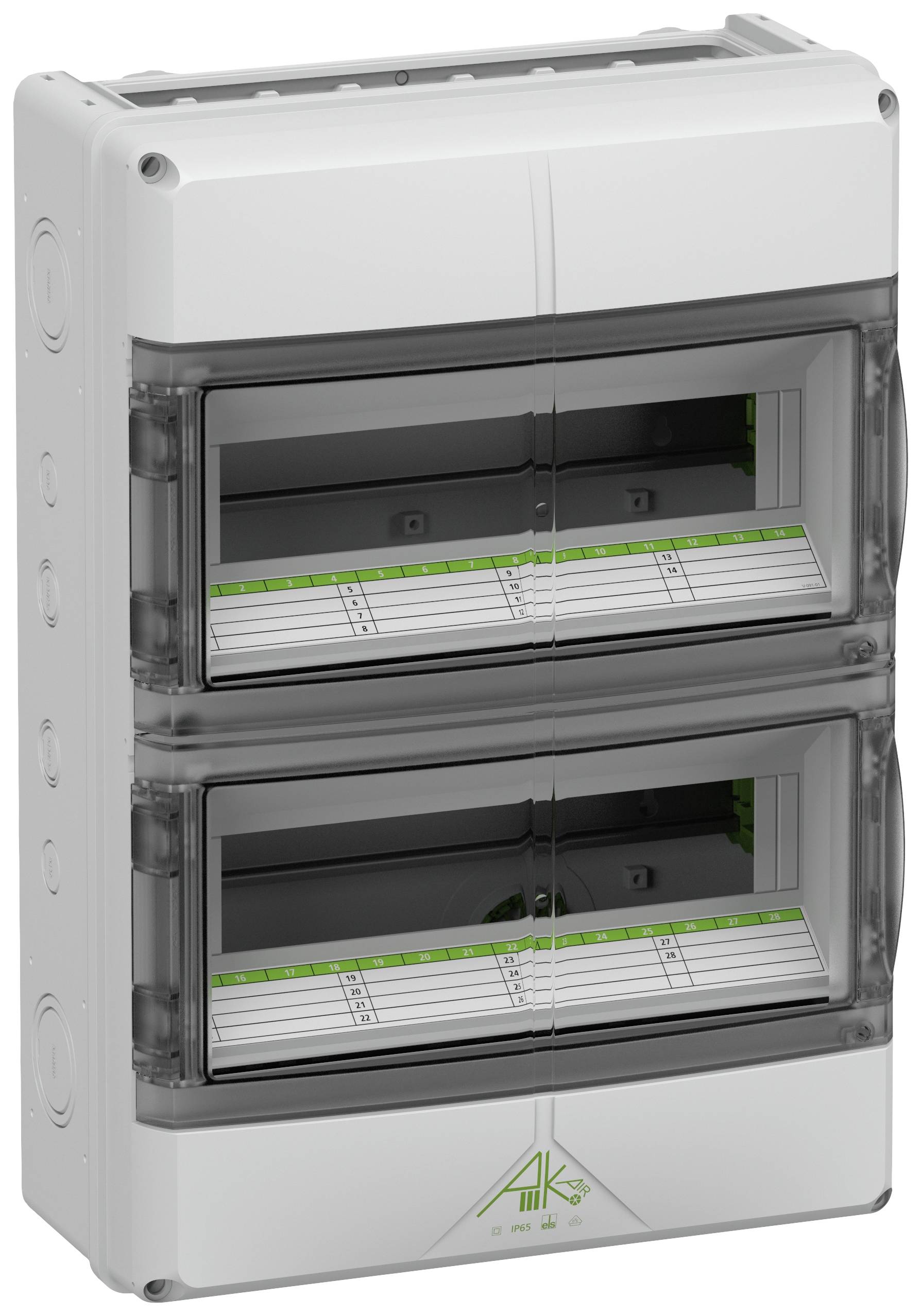 Spelsberg 73352801 AK-F 28 Lille fordelingstavle Antal delinger = 28 Antal rækker = 2 Indhold 1 stk