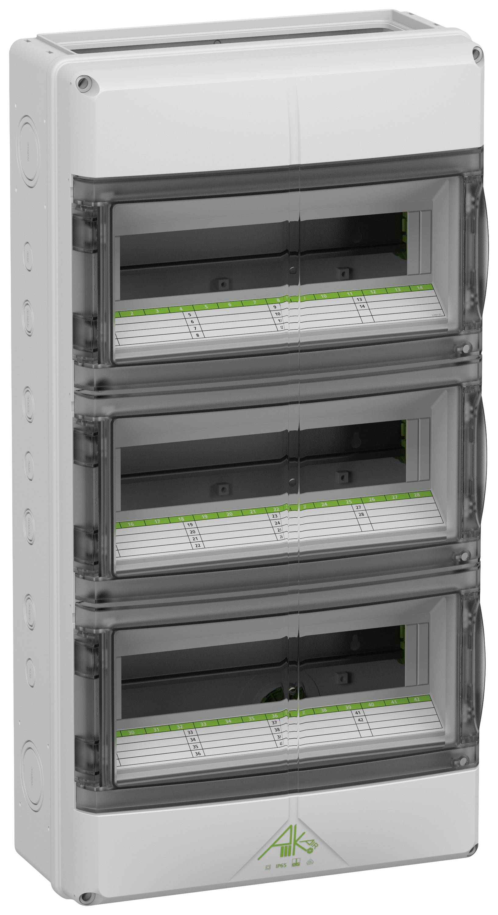 Spelsberg 73354201 AK-F 42 Lille fordelingstavle Antal delinger = 42 Antal rækker = 3 Indhold 1 stk