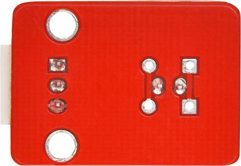 Červený elektronický modul s niekoľkými otvormi a malými LED diódami na povrchu.