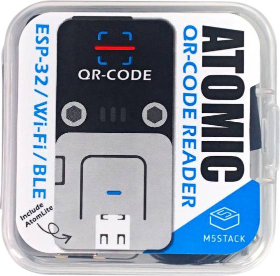 'ČÍTAČKA ATOMICKÝCH QR KÓDOV' v obale. Obsahuje ESP-32 modul s podporou Wi-Fi a Bluetooth. Značka: M5STACK. Obsahuje AtomLite.