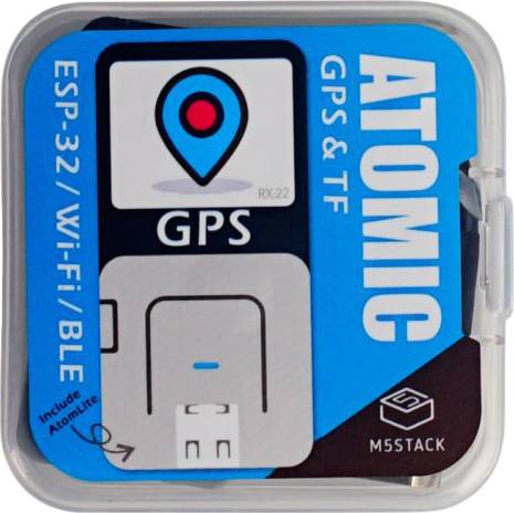M5Stack ATOMIC GPS modul v priehľadnom obale. Potlač zobrazuje funkcie: ESP32, Wi-Fi, BLE, GPS. Obsahuje GPS anténu.