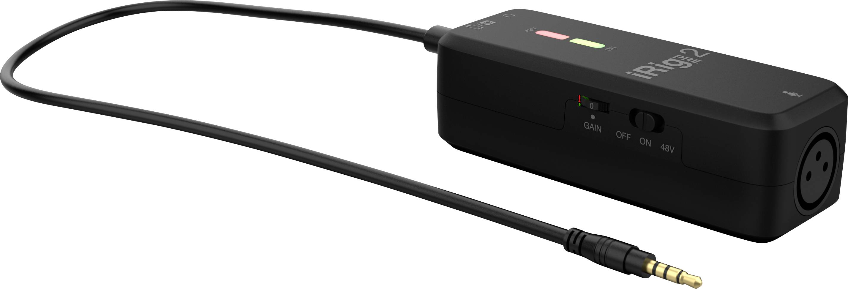 Čierne audio rozhranie s XLR konektorom a 3,5 mm jack konektorom, označené nápisom 'iRig 2'. Má LED indikátory a prepínač.
