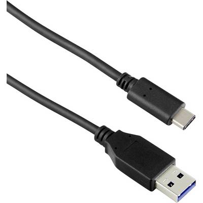 USB-C na USB-A kábel, čierny, so zástrčkami na oboch koncoch, vhodný na pripojenie zariadení a prenos dát.
