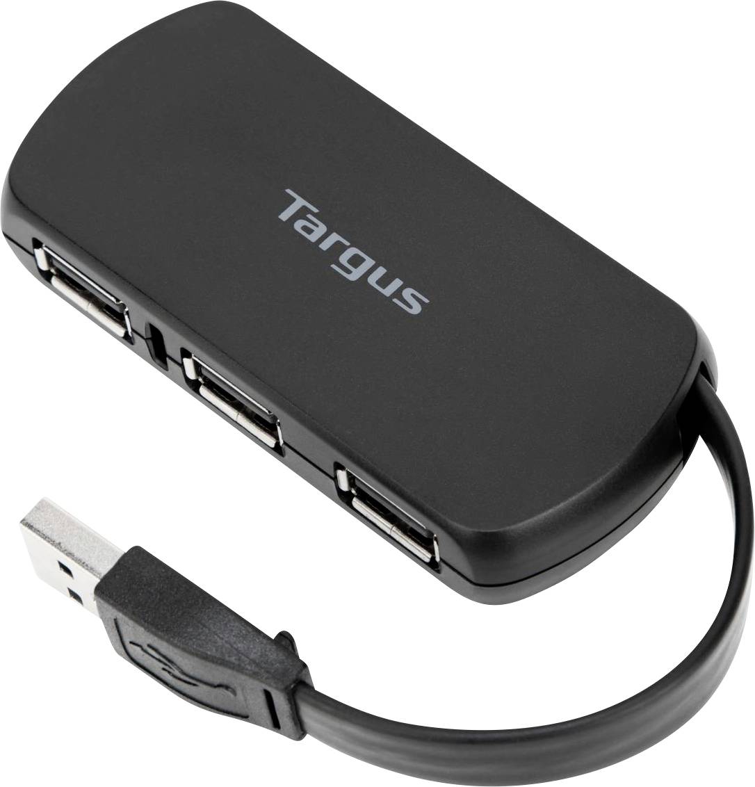 Čierny USB hub značky Targus so štyrmi USB portami a krátkym káblom.