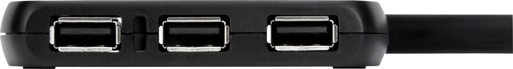 Čierny USB hub s troma USB portami, pohľad z boku, zobrazujúci porty spredu.