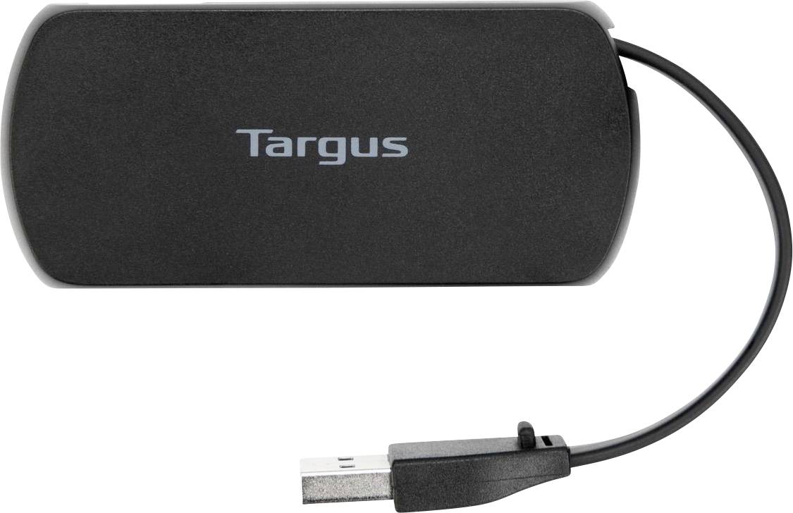 Externý čierny externý disk so USB pripájacím káblom a názvom značky 'Targus' na prednej strane.