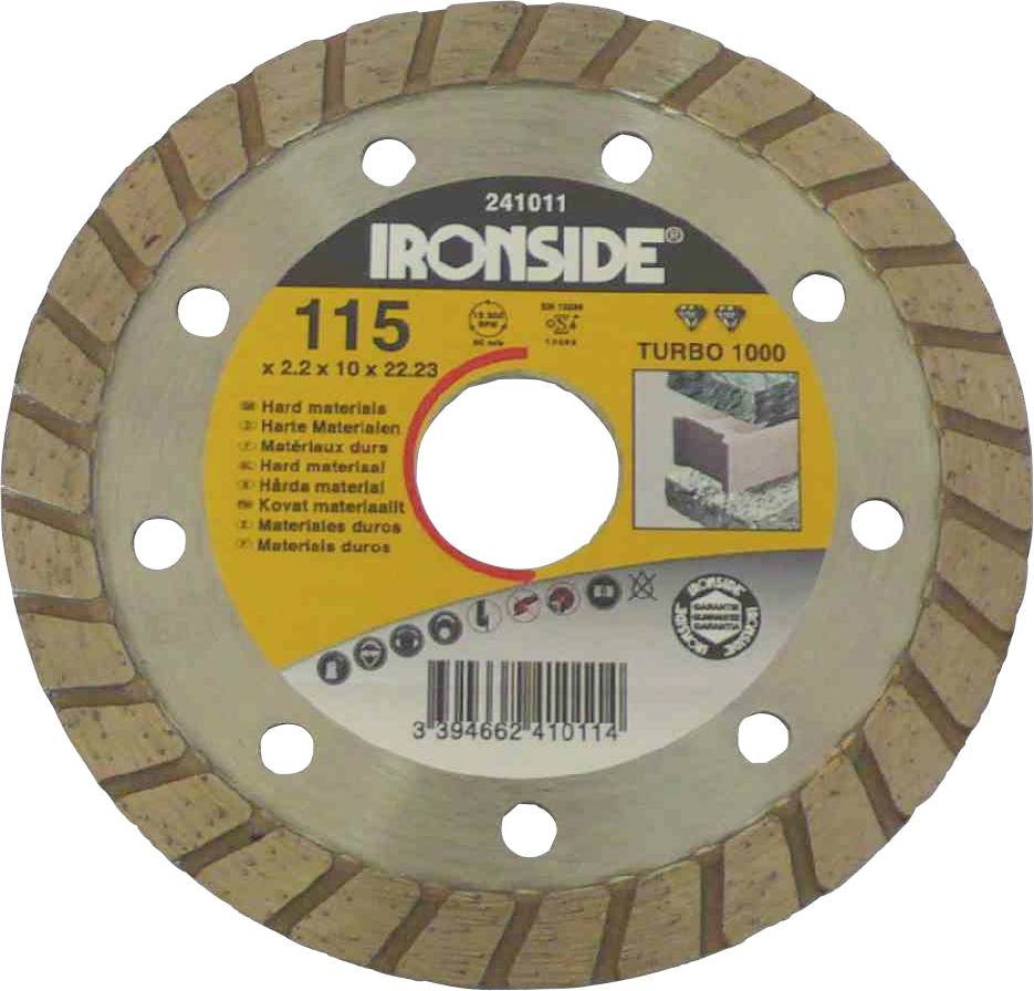 Turbodiskový kotúč značky Ironside pre tvrdé materiály, s priemerom 115 mm, s vyznačeným výrobným číslom a údajmi o vŕtaní, zobrazený v detailnom zábere.