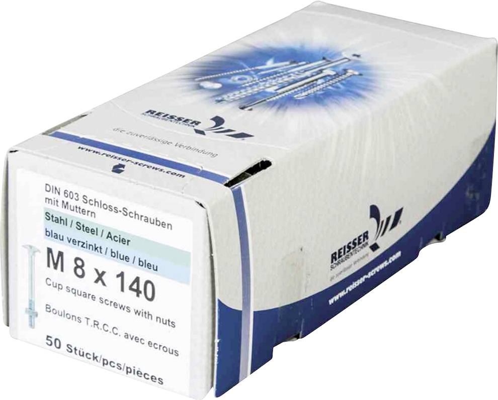 Škatuľa s 50 kusmi M8x140 DIN 603 poistných skrutiek s maticami, z modro pozinkovanej ocele.